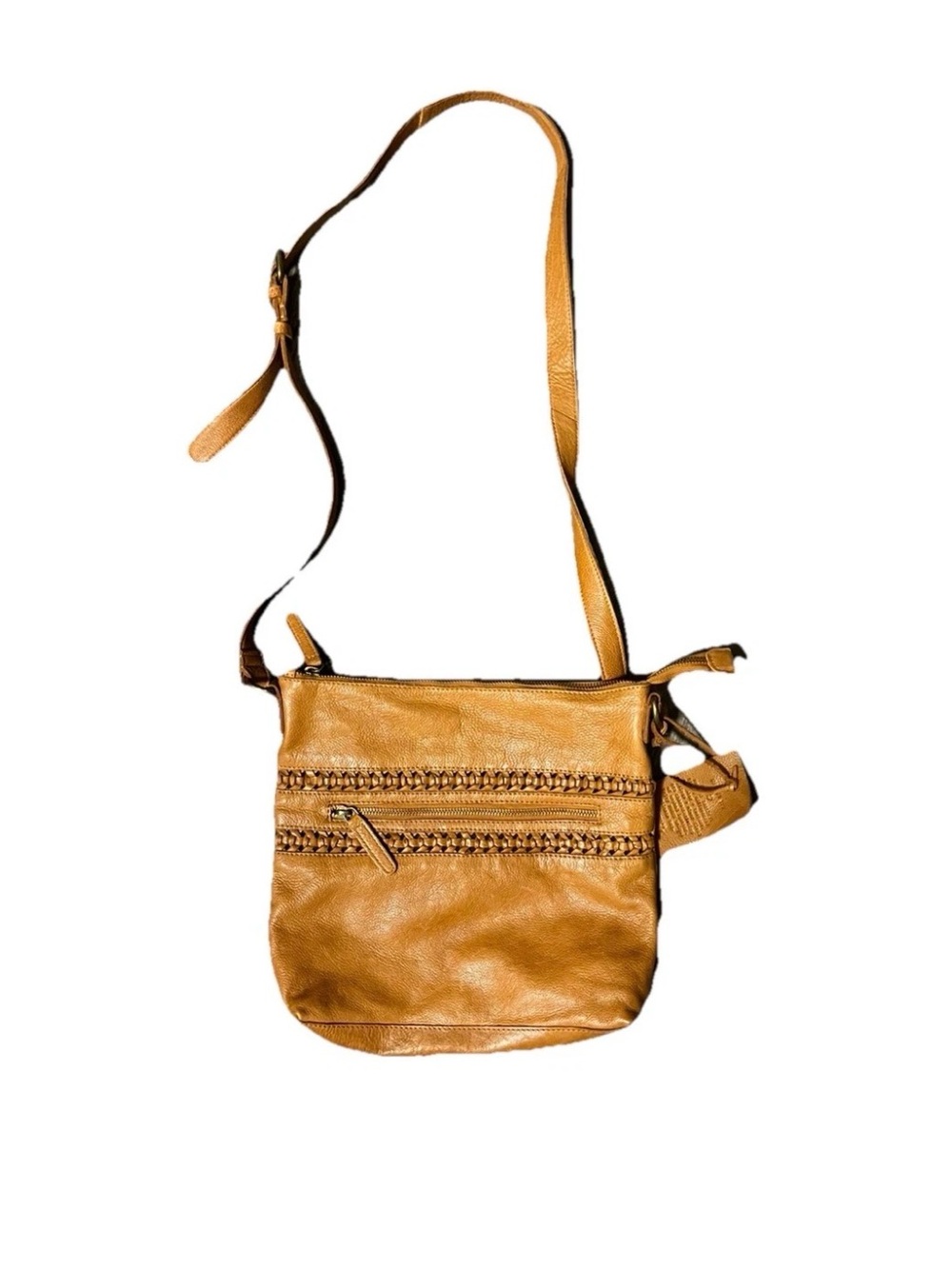Vilenca Holland Cognac Leather Crossbody Handbag Woven Square Zipper NWT